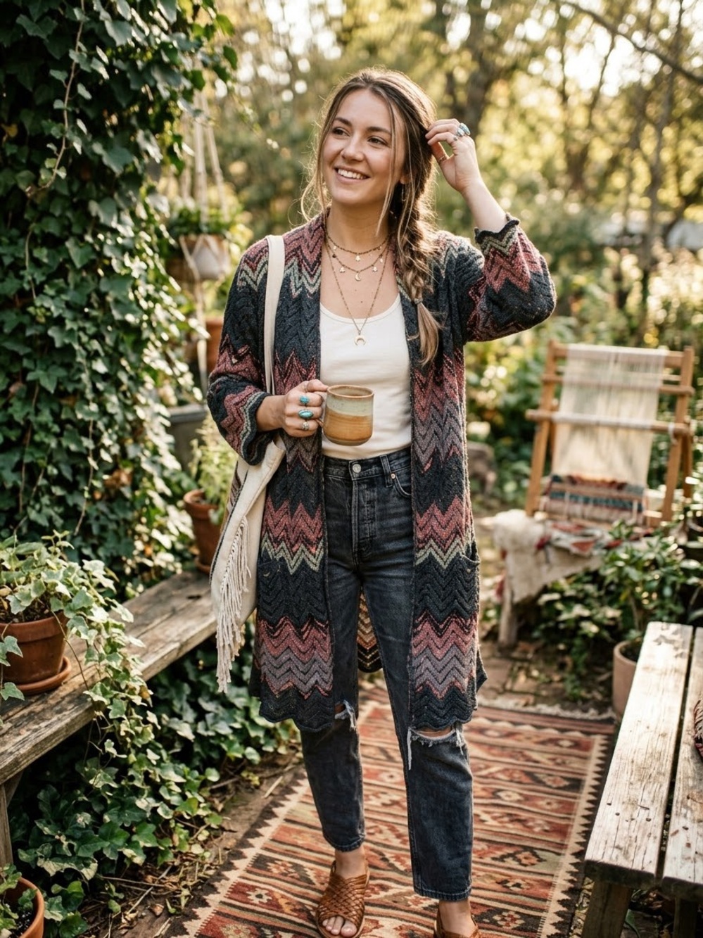 Lucky Brand Chevron Knit Long Line Open Front Cardigan